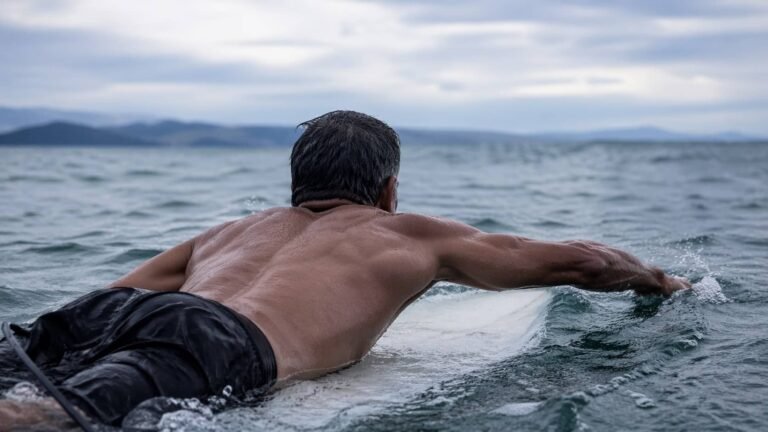 Surfista adulto en posición prone sobre tabla, paddleando en mar gris. Vista desde atrás, espalda superior y escápulas como protagonistas, sin neopreno.