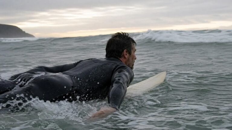 Surfista adulto paddleando en prone sobre su tabla en el mar Cantábrico